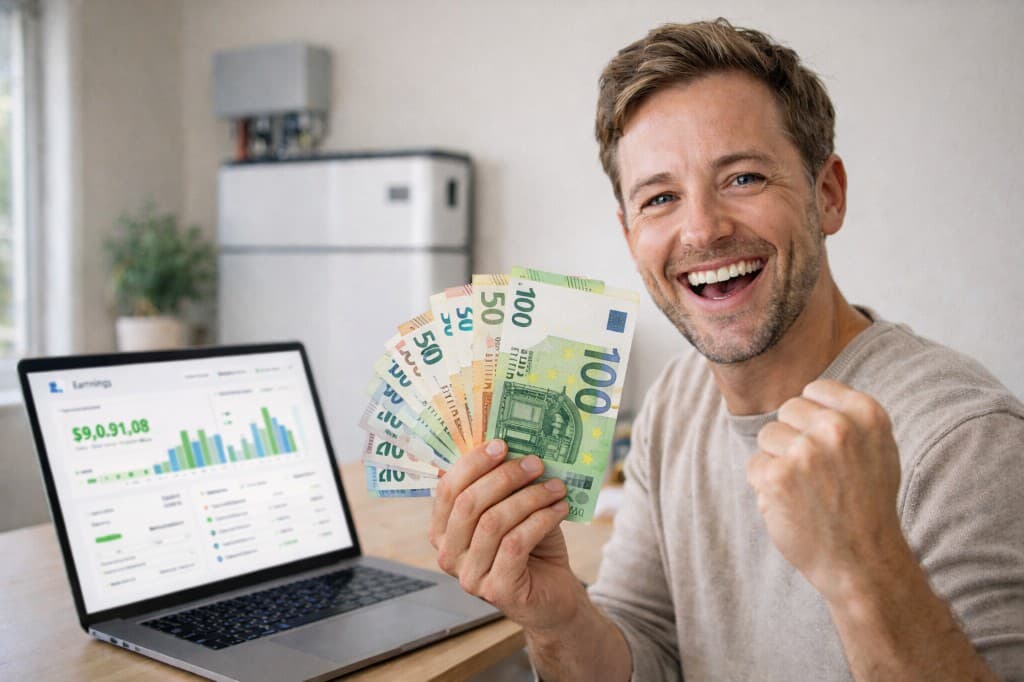 Man toont euro's met affiliate earnings dashboard op laptop