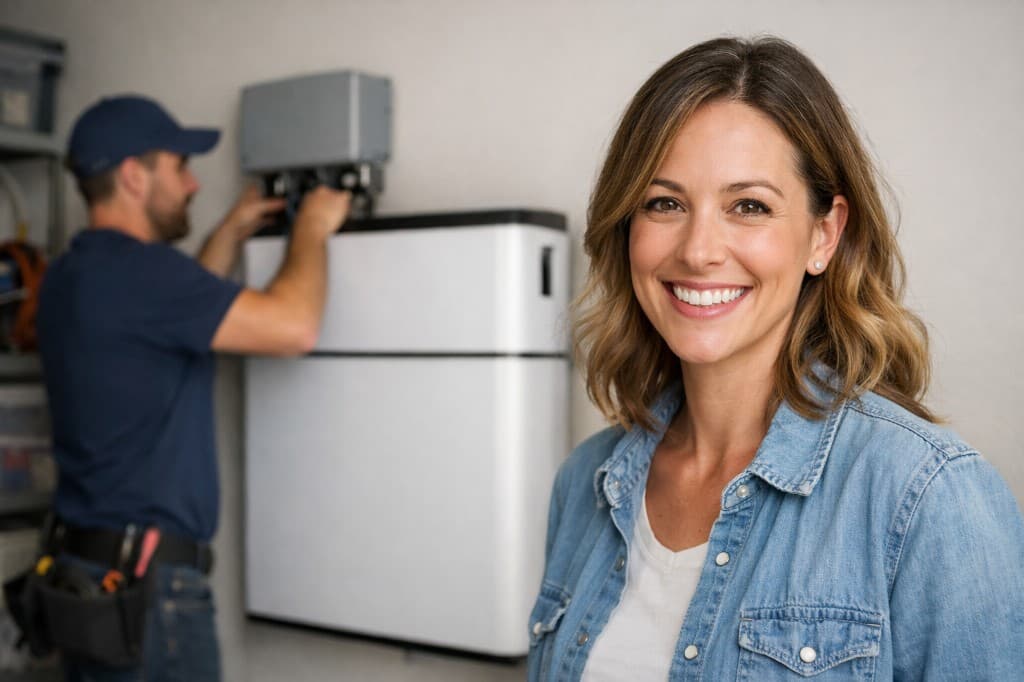 Vrouw kijkt naar camera, op achtergrond installatietechnieker die thuisbatterij monteert